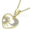 Oro Laminado Fancy Pendant, Gold Filled Style Heart and Sun Design, with White Crystal, Polished, Golden Finish, 05.253.0094