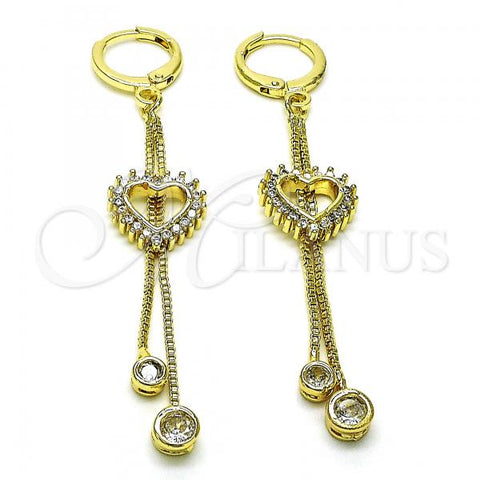 Oro Laminado Long Earring, Gold Filled Style Box and Heart Design, with White Cubic Zirconia, Polished, Golden Finish, 02.316.0081.1