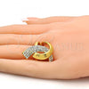 Oro Laminado Multi Stone Ring, Gold Filled Style Greek Key Design, with White Crystal, Polished, Golden Finish, 01.241.0052.09 (Size 9)