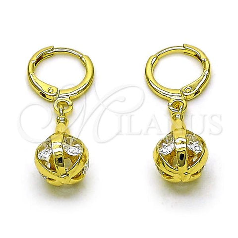 Oro Laminado Dangle Earring, Gold Filled Style Ball Design, with White Cubic Zirconia, Polished, Golden Finish, 02.357.0074.5