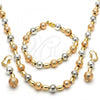 Oro Laminado Necklace, Bracelet and Earring, Gold Filled Style Ball Design, Matte Finish, Tricolor, 06.170.0004