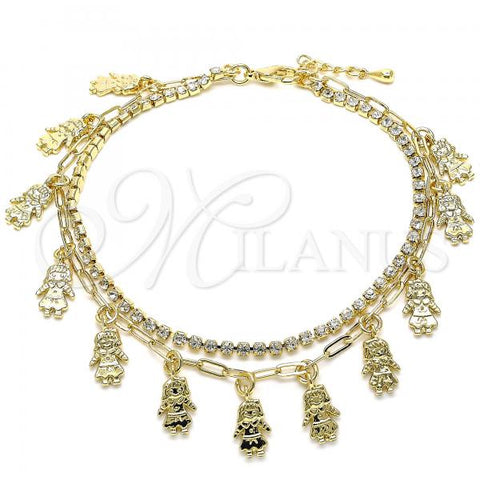 Oro Laminado Charm Anklet , Gold Filled Style Little Girl and Paperclip Design, with White Crystal, Polished, Golden Finish, 03.372.0016.10
