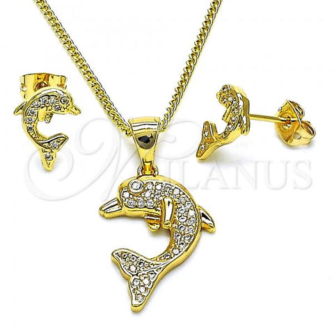 Oro Laminado Earring and Pendant Adult Set, Gold Filled Style Dolphin Design, with White Micro Pave, Polished, Golden Finish, 10.342.0113