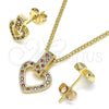 Oro Laminado Earring and Pendant Adult Set, Gold Filled Style Heart Design, with Garnet and White Micro Pave, Polished, Golden Finish, 10.342.0011.2