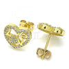 Oro Laminado Stud Earring, Gold Filled Style Heart and Love Design, with White Micro Pave, Polished, Golden Finish, 02.156.0391