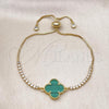 Oro Laminado Adjustable Bolo Bracelet, Gold Filled Style Four-leaf Clover and Box Design, with Turquoise Pearl and White Cubic Zirconia, Polished, Golden Finish, 03.341.0235.11