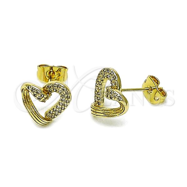 Oro Laminado Stud Earring, Gold Filled Style Heart Design, with White Micro Pave, Polished, Golden Finish, 02.213.0786