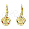 Oro Laminado Leverback Earring, Gold Filled Style Butterfly Design, with Garnet and White Micro Pave, Polished, Golden Finish, 02.210.0379.1