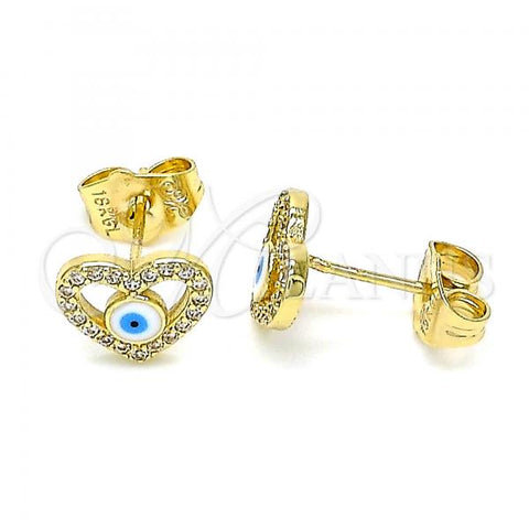 Oro Laminado Stud Earring, Gold Filled Style Evil Eye and Heart Design, with White Micro Pave, White Enamel Finish, Golden Finish, 02.156.0591