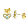 Oro Laminado Stud Earring, Gold Filled Style Evil Eye and Heart Design, with White Micro Pave, White Enamel Finish, Golden Finish, 02.156.0591