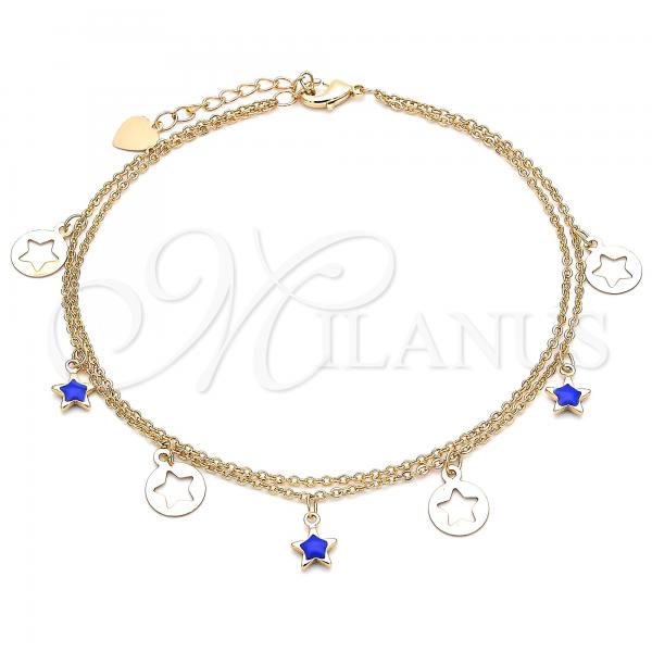 Oro Laminado Charm Anklet , Gold Filled Style Star Design, Blue Enamel Finish, Golden Finish, 03.213.0125.10