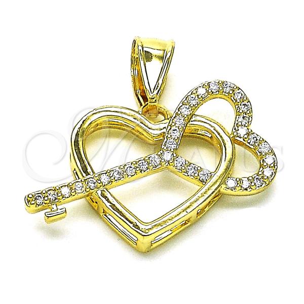 Oro Laminado Fancy Pendant, Gold Filled Style Heart and key Design, with White Micro Pave, Polished, Golden Finish, 05.411.0032