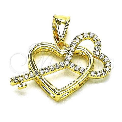 Oro Laminado Fancy Pendant, Gold Filled Style Heart and key Design, with White Micro Pave, Polished, Golden Finish, 05.411.0032