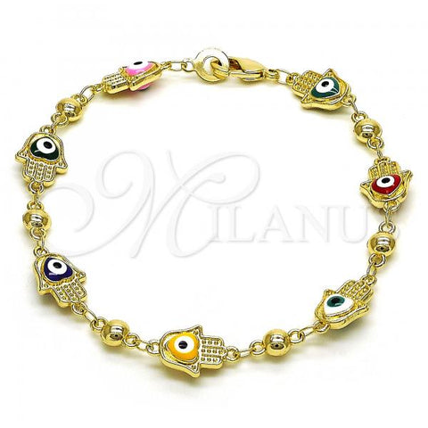 Oro Laminado Fancy Bracelet, Gold Filled Style Hand of God and Heart Design, Multicolor Enamel Finish, Golden Finish, 03.213.0146.2.08