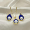 Oro Laminado Earring and Pendant Adult Set, Gold Filled Style Teardrop Design, with Ivory Pearl, Blue Enamel Finish, Golden Finish, 10.379.0055.2