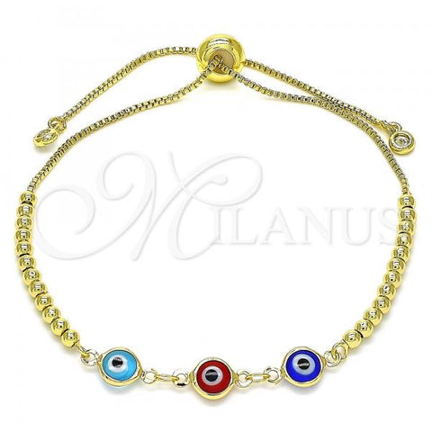 Oro Laminado Adjustable Bolo Bracelet, Gold Filled Style Evil Eye and Ball Design, with White Cubic Zirconia, Multicolor Resin Finish, Golden Finish, 03.63.2216.3.11