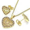 Oro Laminado Earring and Pendant Adult Set, Gold Filled Style Heart Design, with Garnet and White Micro Pave, Polished, Golden Finish, 10.156.0306.1