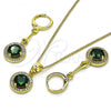 Oro Laminado Earring and Pendant Adult Set, Gold Filled Style with Green Cubic Zirconia and White Micro Pave, Polished, Golden Finish, 10.387.0008.2