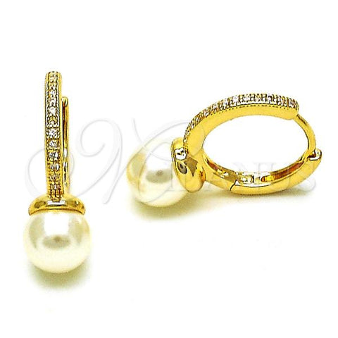 Oro Laminado Huggie Hoop, Gold Filled Style with Ivory Pearl and White Micro Pave, Polished, Golden Finish, 02.195.0194.16