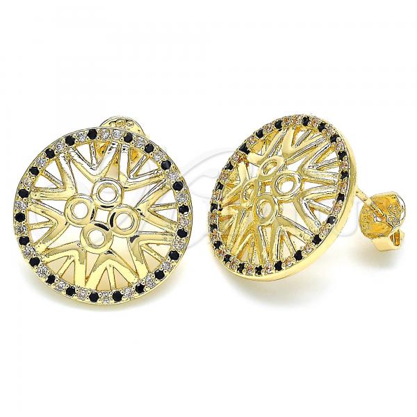 Oro Laminado Stud Earring, Gold Filled Style with Black and White Micro Pave, Polished, Golden Finish, 02.233.0018.1