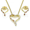 Oro Laminado Earring and Pendant Adult Set, Gold Filled Style Heart Design, with Garnet and White Cubic Zirconia, Polished, Golden Finish, 10.156.0331.1