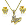 Oro Laminado Earring and Pendant Adult Set, Gold Filled Style Butterfly Design, with White Cubic Zirconia, Polished, Golden Finish, 10.342.0114