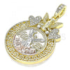 Oro Laminado Religious Pendant, Gold Filled Style Centenario Coin and Angel Design, with White Crystal, Polished, Tricolor, 05.380.0021
