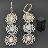 Oro Laminado Long Earring, Gold Filled Style Flower and Filigree Design, Diamond Cutting Finish, Tricolor, 5.087.005