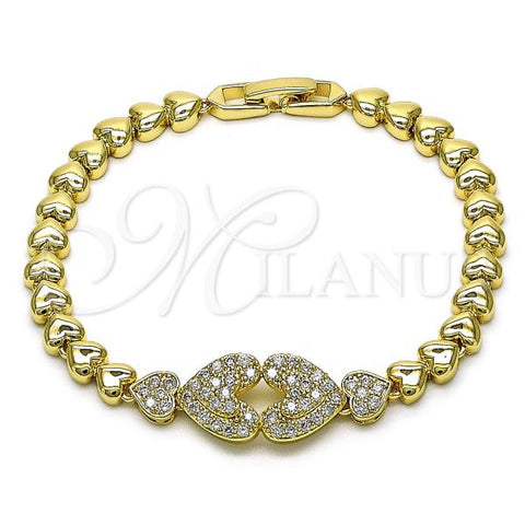 Oro Laminado Fancy Bracelet, Gold Filled Style Heart Design, with White Micro Pave, Polished, Golden Finish, 03.283.0372.07
