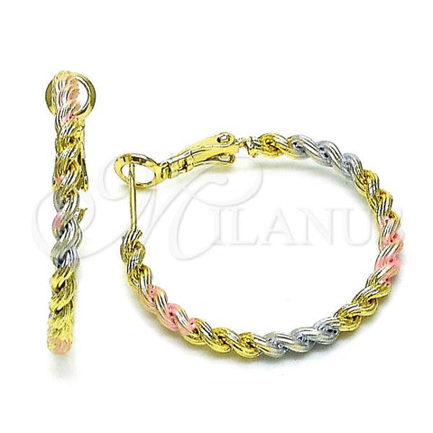 Oro Laminado Medium Hoop, Gold Filled Style Rope Design, Polished, Tricolor, 02.213.0532.30