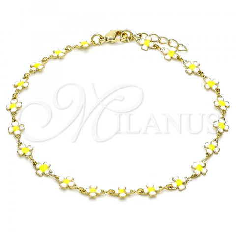 Oro Laminado Fancy Anklet, Gold Filled Style Four-leaf Clover Design, White Enamel Finish, Golden Finish, 03.386.0009.10