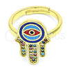 Oro Laminado Multi Stone Ring, Gold Filled Style Hand of God Design, with Multicolor Micro Pave, Blue Enamel Finish, Golden Finish, 01.368.0010.1 (One size fits all)