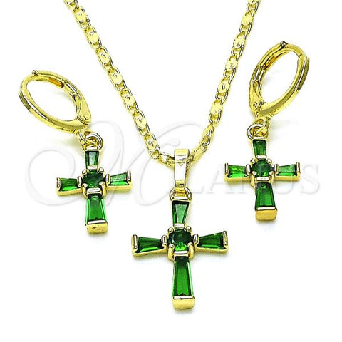 Oro Laminado Earring and Pendant Adult Set, Gold Filled Style Cross Design, with Green Cubic Zirconia, Polished, Golden Finish, 10.196.0096