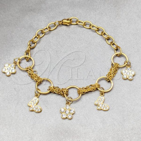 Stainless Steel Fancy Bracelet, Butterfly Design, with White Crystal, Polished, Golden Finish, 03.63.22108.07