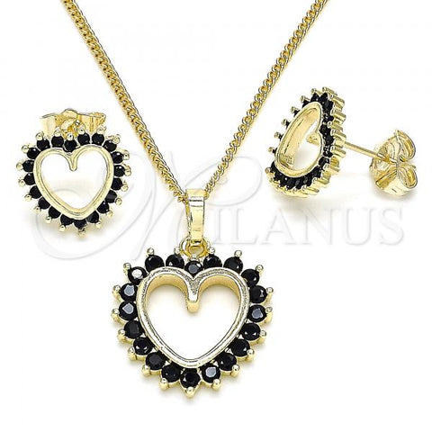 Oro Laminado Earring and Pendant Adult Set, Gold Filled Style Heart Design, with Black Cubic Zirconia, Polished, Golden Finish, 10.284.0009.2