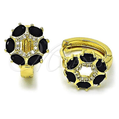 Oro Laminado Huggie Hoop, Gold Filled Style Flower Design, with Black Cubic Zirconia and White Micro Pave, Polished, Golden Finish, 02.210.0861.1.18