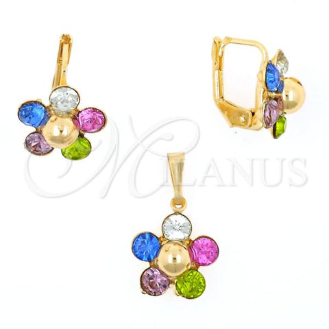 Oro Laminado Earring and Pendant Adult Set, Gold Filled Style Flower Design, with Multicolor Crystal, Polished, Golden Finish, 10.150.0053