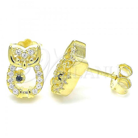 Sterling Silver Stud Earring, Owl Design, with Black Cubic Zirconia and White Crystal, Polished, Golden Finish, 02.336.0146.2