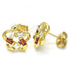 Oro Laminado Stud Earring, Gold Filled Style Flower Design, with Garnet and White Cubic Zirconia, Polished, Golden Finish, 02.210.0101.4