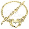 Oro Laminado Necklace and Bracelet, Gold Filled Style Heart and Hugs and Kisses Design, with White Cubic Zirconia, Diamond Cutting Finish, Golden Finish, 06.185.0014
