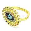 Oro Laminado Multi Stone Ring, Gold Filled Style Evil Eye Design, with Multicolor Micro Pave, Black Enamel Finish, Golden Finish, 01.368.0012.1 (One size fits all)