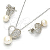 Sterling Silver Earring and Pendant Adult Set, Heart and Ball Design, with White Micro Pave and Ivory Pearl, Polished, Rhodium Finish, 10.175.0033
