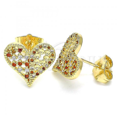 Oro Laminado Stud Earring, Gold Filled Style Heart Design, with Garnet Micro Pave, Polished, Golden Finish, 02.156.0492.1