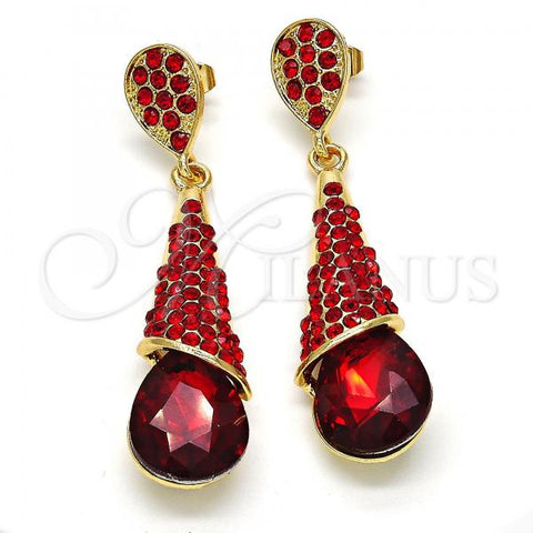 Oro Laminado Long Earring, Gold Filled Style Teardrop Design, with Garnet Cubic Zirconia and Garnet Crystal, Polished, Golden Finish, 02.268.0050