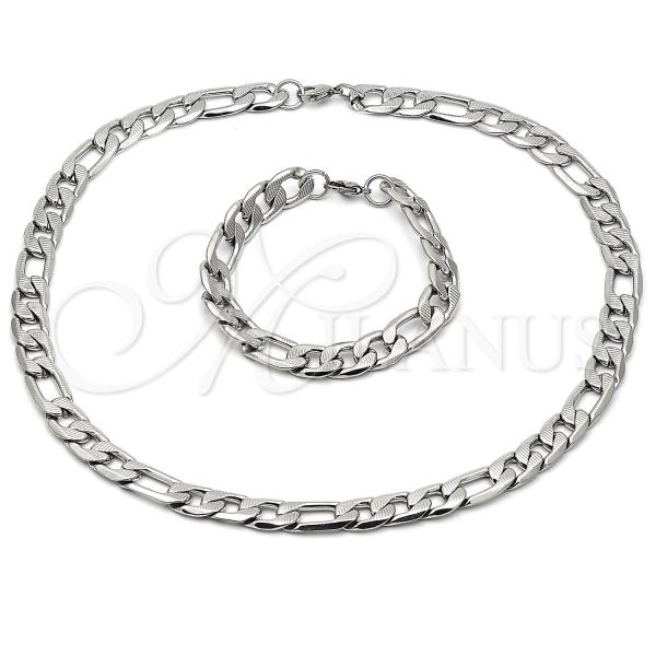 Stainless Steel Necklace and Bracelet, Figaro Design, Diamond Cutting Finish, Steel Finish, 06.116.0043