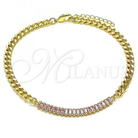 Oro Laminado Fancy Anklet, Gold Filled Style Miami Cuban and Baguette Design, with Pink Cubic Zirconia, Polished, Golden Finish, 03.130.0010.3.10