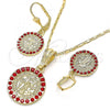 Oro Laminado Earring and Pendant Adult Set, Gold Filled Style San Benito Design, with Garnet Crystal, Polished, Golden Finish, 10.351.0002.2