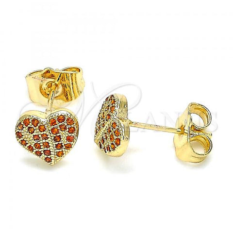 Oro Laminado Stud Earring, Gold Filled Style Heart Design, with Garnet Micro Pave, Polished, Golden Finish, 02.233.0051.1