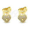 Oro Laminado Stud Earring, Gold Filled Style Lock and Heart Design, with White Micro Pave, Polished, Golden Finish, 02.210.0428