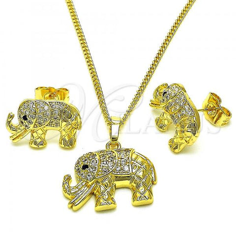 Oro Laminado Earring and Pendant Adult Set, Gold Filled Style Elephant Design, with White and Black Micro Pave, Polished, Golden Finish, 10.284.0026